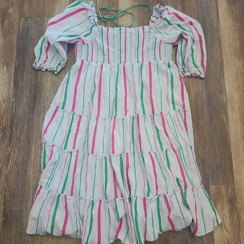 crown & ivy White Midi Dress with Pink and Green Stripes